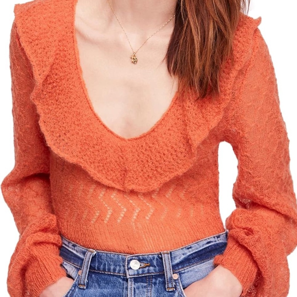 Free People Macaroon Ruffled Neck Mohair Wool Sweater Burnt Orange Ruffle XS NWT - Picture 3 of 7